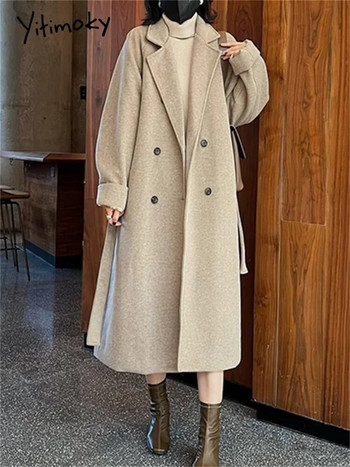 Yitimoky Thicken ζεστό μάλλινο γυναικείο παλτό 2023 Νέο vintage μακρυά μπουφάν με διπλό στήθος Casual Loose χειμερινό παλτό