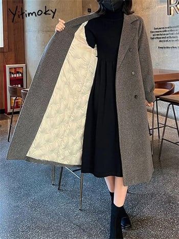 Yitimoky Thicken Warm Wool Coat Women 2023 New Vintage Дълги якета с двуредно ежедневие Свободно зимно палто с отложена яка