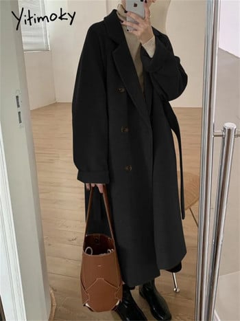 Yitimoky Thicken Warm Wool Coat Women 2023 New Vintage Дълги якета с двуредно ежедневие Свободно зимно палто с отложена яка