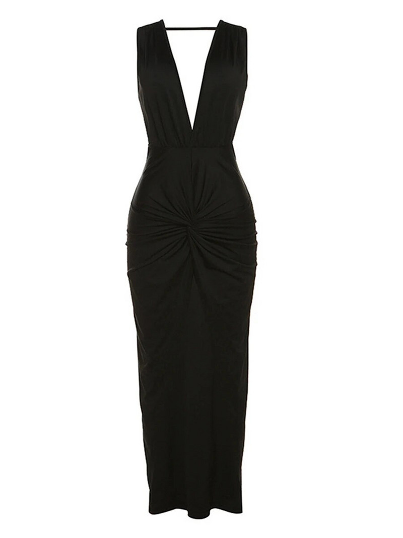 Madinga moteriška suknelė be nugarų su skeltuku, vasarinė elegantiška madinga berankovių, su V kaklu susukta, rauginta ilga suknelė