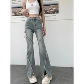 Ženske traperice visokog struka Harajuku Ležerne uske traperice Ženske nove modne ulične ružičaste hlače na vezanje Vintage Ženske traperice