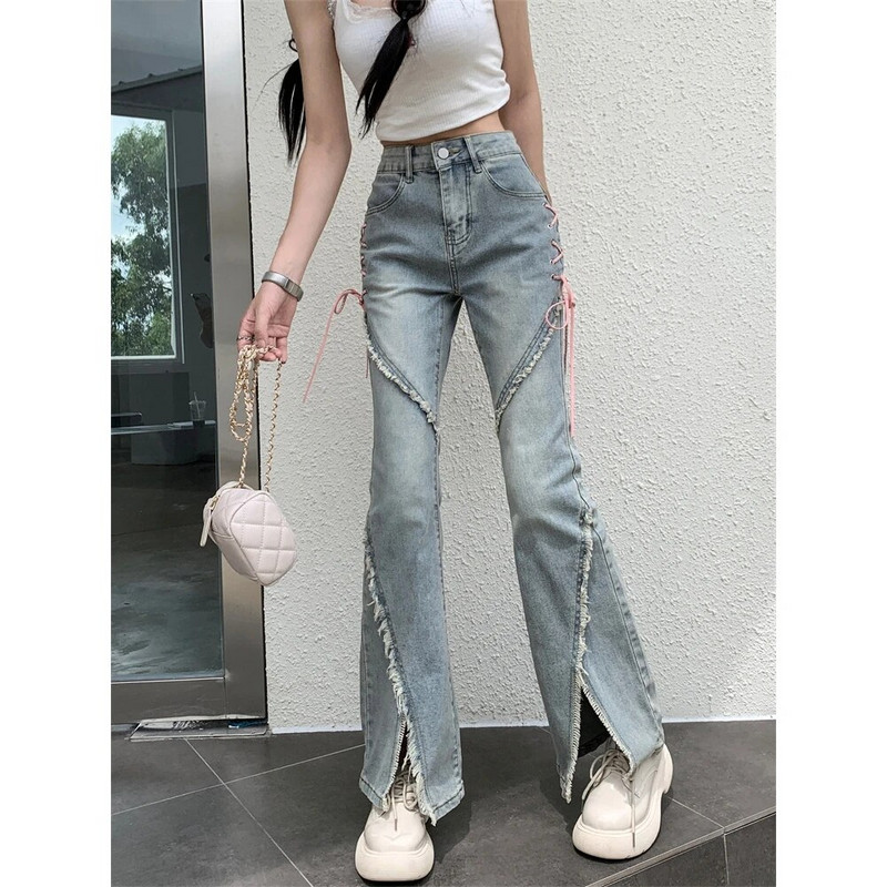 Ženske traperice visokog struka Harajuku Ležerne uske traperice Ženske nove modne ulične ružičaste hlače na vezanje Vintage Ženske traperice