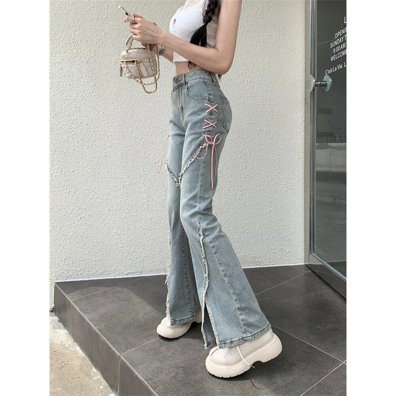 Ženske traperice visokog struka Harajuku Ležerne uske traperice Ženske nove modne ulične ružičaste hlače na vezanje Vintage Ženske traperice