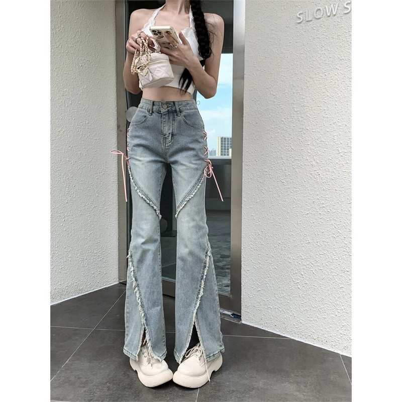 Ženske traperice visokog struka Harajuku Ležerne uske traperice Ženske nove modne ulične ružičaste hlače na vezanje Vintage Ženske traperice