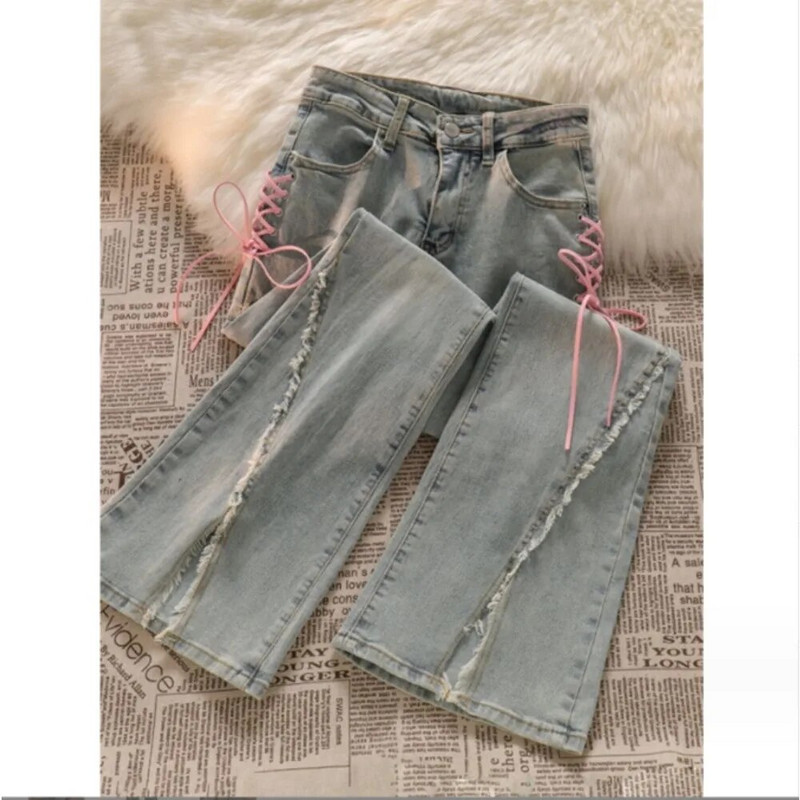 Ženske traperice visokog struka Harajuku Ležerne uske traperice Ženske nove modne ulične ružičaste hlače na vezanje Vintage Ženske traperice