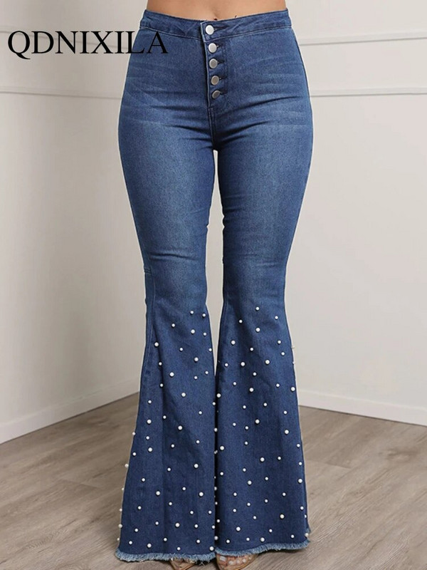 Nauji negabaritiniai tamprūs džinsai Laisvalaikio vintažinė gatvės apranga su karoliukais apačia džinsai moteriški džinsai aukštu liemeniu Moteriškos kelnės