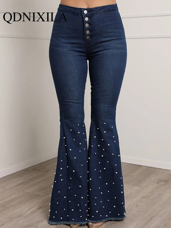 Nauji negabaritiniai tamprūs džinsai Laisvalaikio vintažinė gatvės apranga su karoliukais apačia džinsai moteriški džinsai aukštu liemeniu Moteriškos kelnės