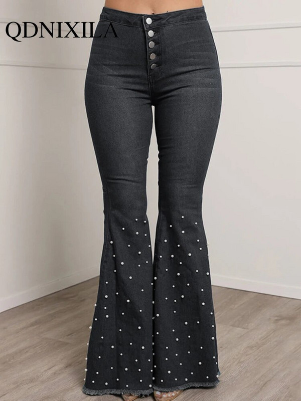 Nauji negabaritiniai tamprūs džinsai Laisvalaikio vintažinė gatvės apranga su karoliukais apačia džinsai moteriški džinsai aukštu liemeniu Moteriškos kelnės