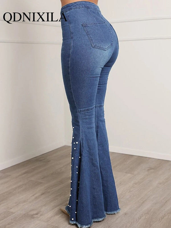 Nauji negabaritiniai tamprūs džinsai Laisvalaikio vintažinė gatvės apranga su karoliukais apačia džinsai moteriški džinsai aukštu liemeniu Moteriškos kelnės