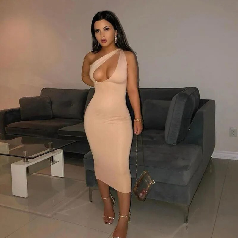 CNYISHE ühe õlaga Bodycon Sheath Midi peokleidid naistele Suvised varrukateta rõivad Seksikas õõnsas kleit Naiste Vestidos