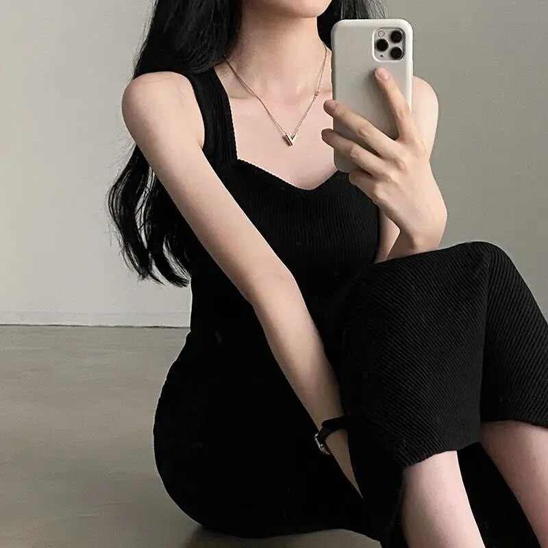 Temperamentne ruudu kaelusega pikk naiste kleit Seksikas soliidne kruvikeermega varrukateta lõhestatud kleidid õhukesed pulloverid kontorinaised Vestidos