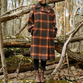 Γυναικεία Φθινοπωρινή Χειμερινή Κλασική Μονόστηθος Καρό Μακρύ Παλτό Γυναικείο Casual Loose Παλτό Vintage Γυναικείο παλτό με πέτο Streetwear