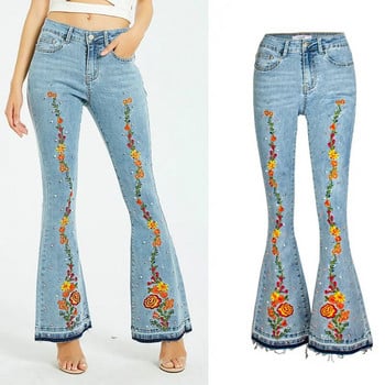 LOGAMI Embroidery Flare Jeans Women Elasticity Released Hem Jeans Stretching Women Jeans Large Size