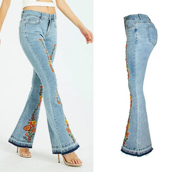 LOGAMI Embroidery Flare Jeans Women Elasticity Released Hem Jeans Stretching Women Jeans Large Size