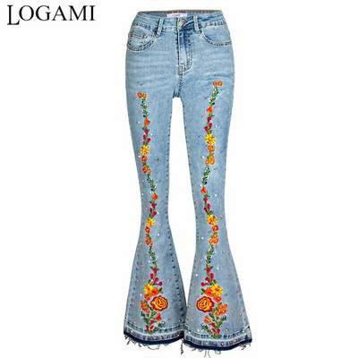 LOGAMI Embroidery Flare Jeans Women Elasticity Released Hem Jeans Stretching Women Jeans Large Velič.