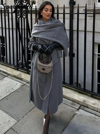 Κομψό μαλλί με κορδόνια που συνδυάζει μακριά παλτό Γυναικείο πανωφόρι με μακρύ μανίκι O λαιμόκοψη 2023 Φθινόπωρο, Χειμώνας, Εξωτερικά ρούχα σε High Street Νέα μόδα