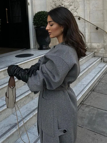 Κομψό μαλλί με κορδόνια που συνδυάζει μακριά παλτό Γυναικείο πανωφόρι με μακρύ μανίκι O λαιμόκοψη 2023 Φθινόπωρο, Χειμώνας, Εξωτερικά ρούχα σε High Street Νέα μόδα