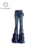 Naiste vintage flare teksad kottis kõrge vöökohaga teksapüksid Harajuku 90ndate retro korea Y2k laiad püksid 2000ndate punkriided