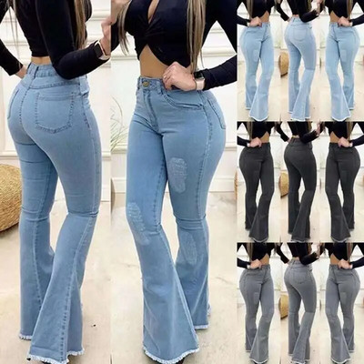 Blugi de denim pentru femei Pantaloni largi elastici cu talie înaltă, rupti, sexy, elegante, Pantaloni evazați cu picioare late, Pantaloni pentru femei, Pantaloni