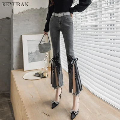 Kõrge vöökohaga naiste teksad 2022. aasta uued kevadised sügisene raskete neetidega helmestega kikisõlmega laienevad teksapüksid naiste õhukesed hallid kärbitud teksad