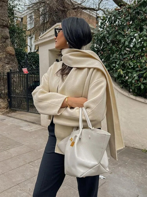 Jesen Zima Ženski topli debeli kaput sa šalom Ženski elegantni kaputi dugih rukava Ženski vintage ležerni ulični kaput 2023.