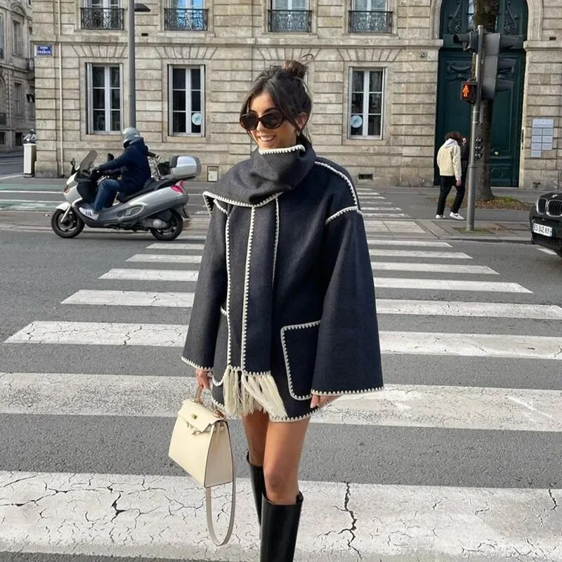 Talvine naiste mantel salliga Triibuline Elegantne üherealine pikkade varrukatega mantel Naiste sügismood Soe daamijoped lahtised