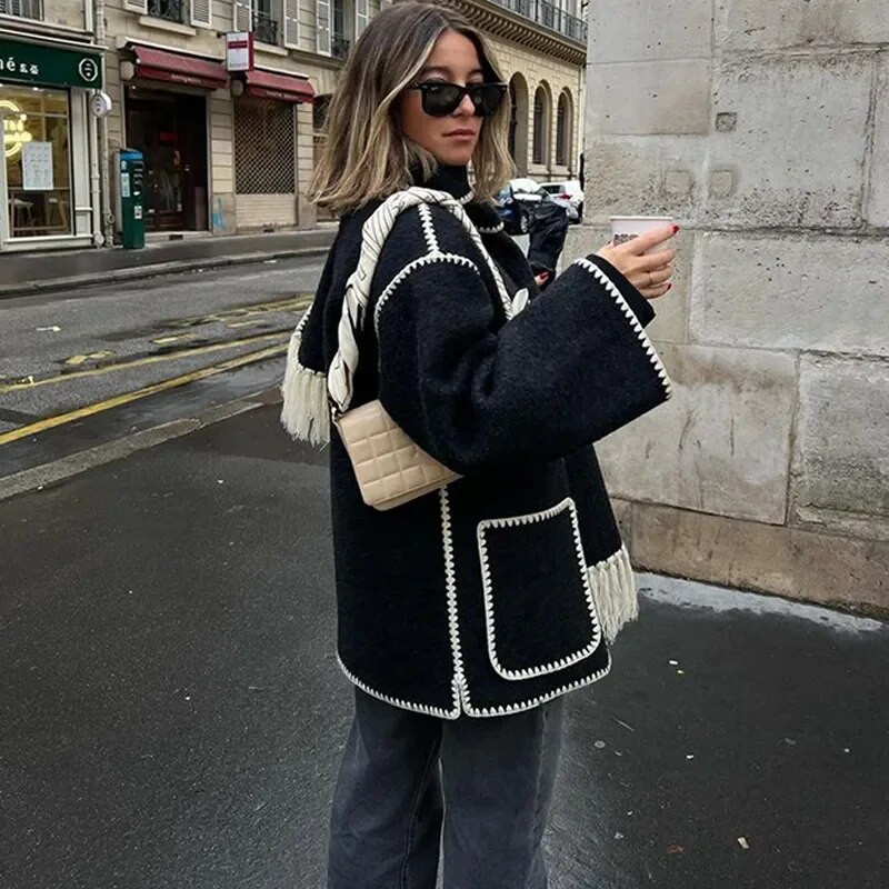 Talvine naiste mantel salliga Triibuline Elegantne üherealine pikkade varrukatega mantel Naiste sügismood Soe daamijoped lahtised