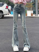 Jielur Amerikāņu stila vintage zili sieviešu džinsi vienkrāsains vasaras uzliesmojuma bikses Jaunas augstas jostasvietas visā garumā modes sieviešu džinsi