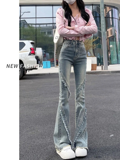 Jielur Amerikāņu stila vintage zili sieviešu džinsi vienkrāsains vasaras uzliesmojuma bikses Jaunas augstas jostasvietas visā garumā modes sieviešu džinsi