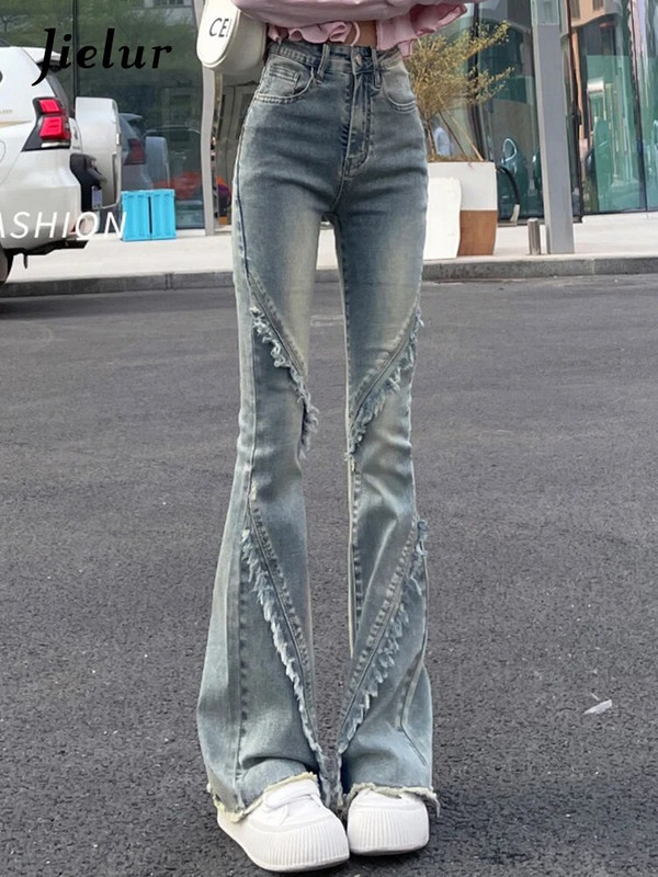 Jielur Amerikāņu stila vintage zili sieviešu džinsi vienkrāsains vasaras uzliesmojuma bikses Jaunas augstas jostasvietas visā garumā modes sieviešu džinsi