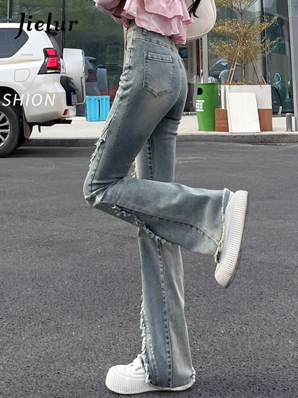Jielur Amerikāņu stila vintage zili sieviešu džinsi vienkrāsains vasaras uzliesmojuma bikses Jaunas augstas jostasvietas visā garumā modes sieviešu džinsi