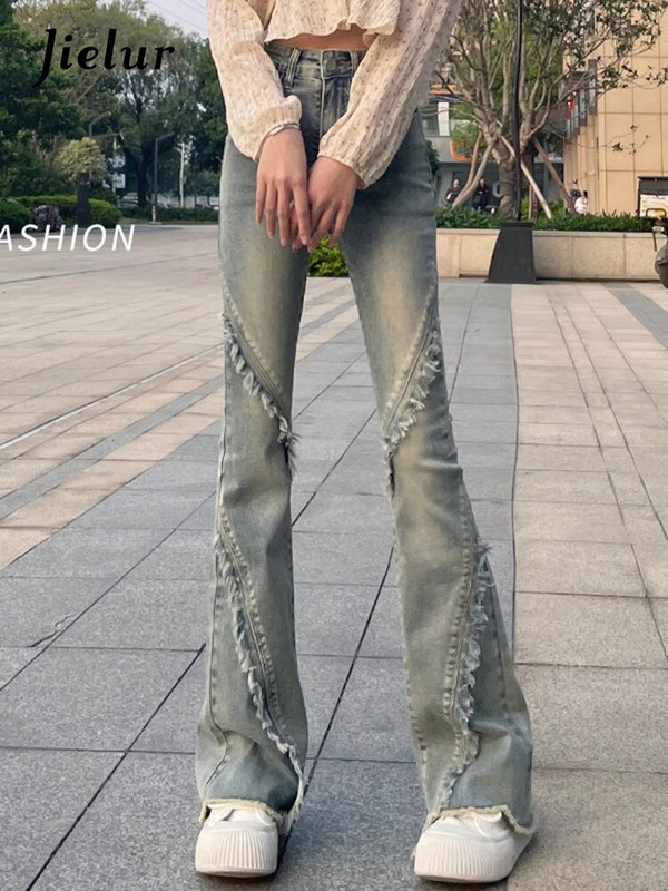 Jielur Amerikāņu stila vintage zili sieviešu džinsi vienkrāsains vasaras uzliesmojuma bikses Jaunas augstas jostasvietas visā garumā modes sieviešu džinsi