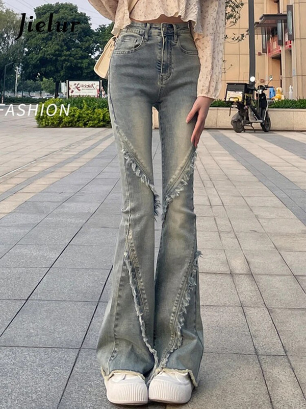 Jielur Amerikāņu stila vintage zili sieviešu džinsi vienkrāsains vasaras uzliesmojuma bikses Jaunas augstas jostasvietas visā garumā modes sieviešu džinsi