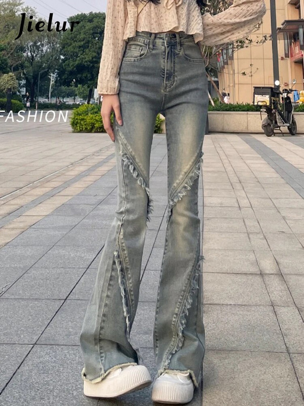 Jielur Amerikāņu stila vintage zili sieviešu džinsi vienkrāsains vasaras uzliesmojuma bikses Jaunas augstas jostasvietas visā garumā modes sieviešu džinsi