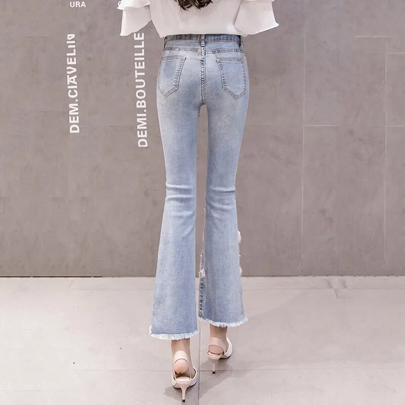 Uued brändi luksuslikud püksid helmestega Slim Fit püksid tikandid teksad Naistele kõrge vöökohaga vabaaja teksapüksid naistele veniv püksid