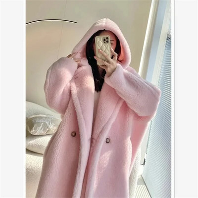 2023 m. žiemos Nauji moteriški pastorinti šilti meškiukai baltas paltas su gobtuvu moteriškas vidutinio ilgio ilgomis rankovėmis dirbtinio kailio kailio žieminiai viršutiniai drabužiai