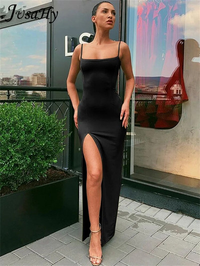 JusaHy Elegant Vestidos Outfits Naiste Spagetid Rihm Seksikas lõhestatud Solid Slim Lady Pahkluu Mood Klassikaline pikkus Maxi kleidid Uus