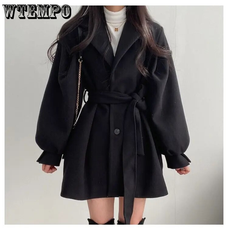 Gornji kaput srednje dužine Blazer i ovratnik Vuneni kaput Ženska zimska jakna s remenom Niche Vintage široki modni gornji kaput Jednobojni kaput