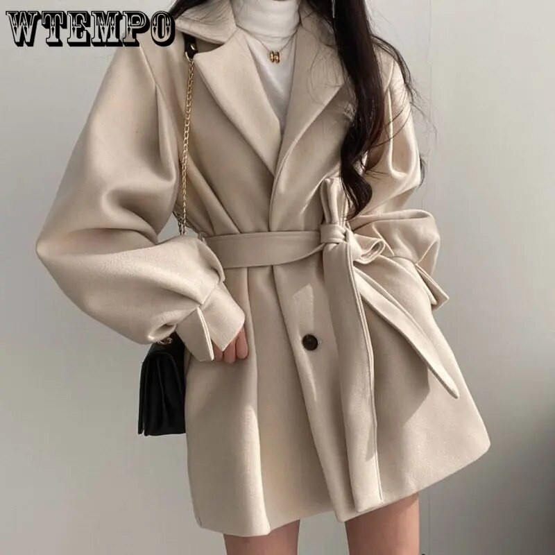 Gornji kaput srednje dužine Blazer i ovratnik Vuneni kaput Ženska zimska jakna s remenom Niche Vintage široki modni gornji kaput Jednobojni kaput