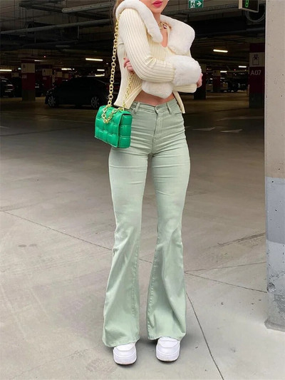 2022 Flare Teksad Naiste Roheline Vintage Denim kõrge vöökohaga veniv mood taskupüksid ühevärvilised laia säärega pestud teksa