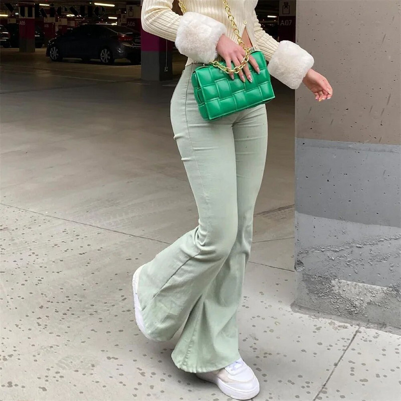 2022 Flare Teksad Naiste Roheline Vintage Denim kõrge vöökohaga veniv mood taskupüksid ühevärvilised laia säärega pestud teksa