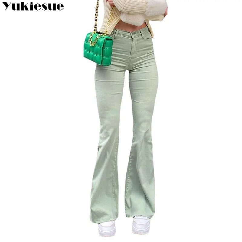 2022 Flare Teksad Naiste Roheline Vintage Denim kõrge vöökohaga veniv mood taskupüksid ühevärvilised laia säärega pestud teksa