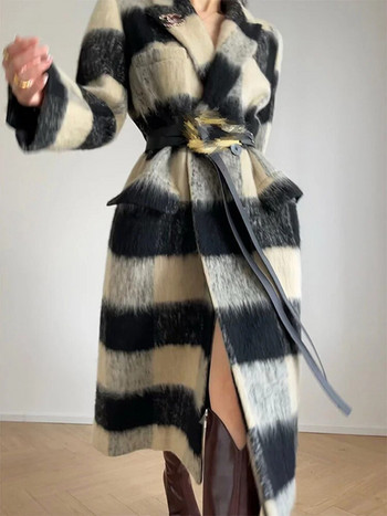 UCXQ Vintage μαύρο λευκό καρό μάλλινο παλτό Φθινόπωρο Χειμώνας 2023 Νέο γυναικείο πανωφόρι με οδοντωτό πάχος με χρυσή ζώνη με κουμπί