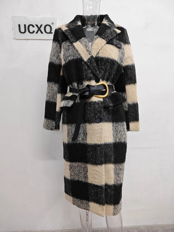 UCXQ Винтидж черно, бяло карирано вълнено палто на райета Есен Зима 2023 Ново назъбено удебелено дамско палто със златен колан с копчета