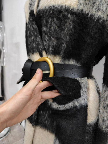 UCXQ Винтидж черно, бяло карирано вълнено палто на райета Есен Зима 2023 Ново назъбено удебелено дамско палто със златен колан с копчета