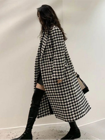 Μάλλινο μπουφάν Γυναικείο Χειμώνας Νέα Κορεάτικη Μόδα Διπλό Μακρύ Πανωφόρι Houndstooth Χοντρό ζεστό μάλλινο παλτό ropa mujer