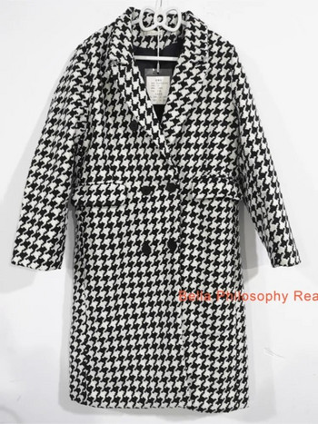Μάλλινο μπουφάν Γυναικείο Χειμώνας Νέα Κορεάτικη Μόδα Διπλό Μακρύ Πανωφόρι Houndstooth Χοντρό ζεστό μάλλινο παλτό ropa mujer