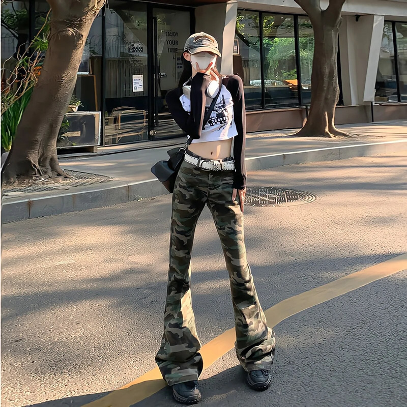 Kõrge vöökohaga Camo Cargo püksid Naiste rohelised teksad Uued vintage Ameerika stiilis laienevad püksid Tänavarõivad Laia säärega teksapüksid