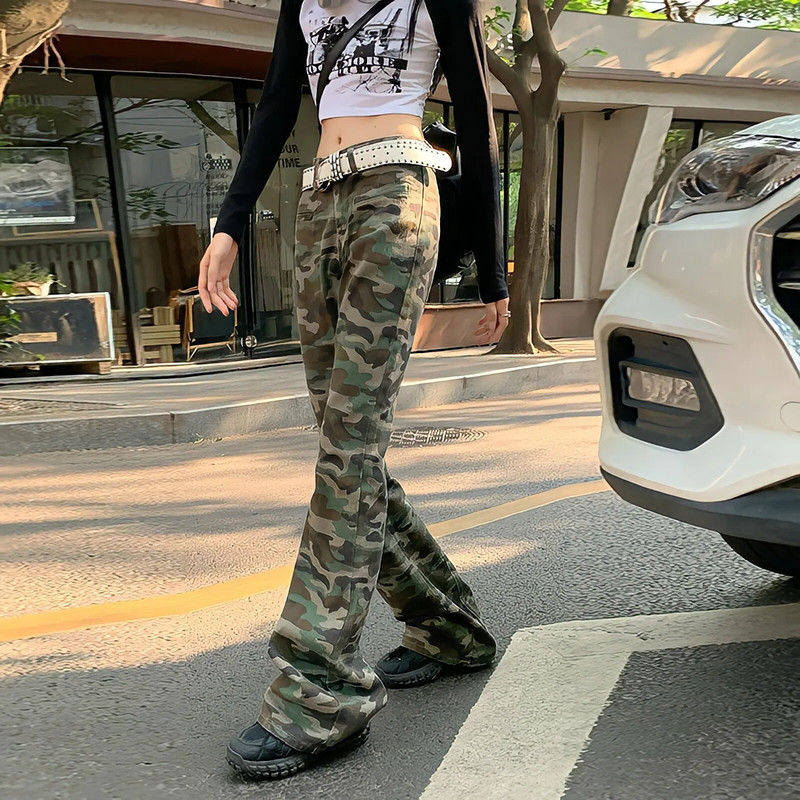 Kõrge vöökohaga Camo Cargo püksid Naiste rohelised teksad Uued vintage Ameerika stiilis laienevad püksid Tänavarõivad Laia säärega teksapüksid