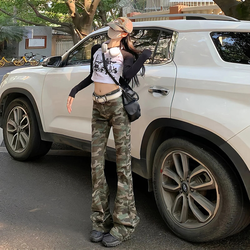 Kõrge vöökohaga Camo Cargo püksid Naiste rohelised teksad Uued vintage Ameerika stiilis laienevad püksid Tänavarõivad Laia säärega teksapüksid